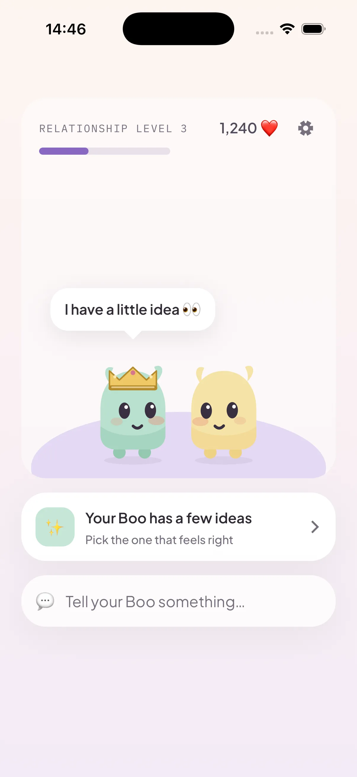 The Caboo home screen: two Boos standing together, with a small idea waiting.
